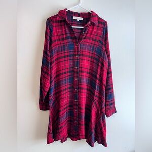 Loft Red and Blue Plaid Button-Up Shirt Dress